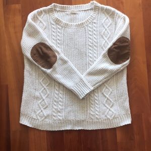 UO XS cream cable sweater w elbow patches